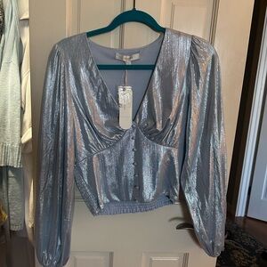 Metallic Silver V-Neck Long Sleeve Crop Top Anthropologie